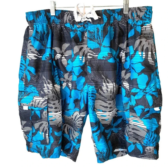 Kanu Surf Blue Floral Paradigm Draw String Swim Trunks Shorts Mens Plus Size 3X - Picture 1 of 4